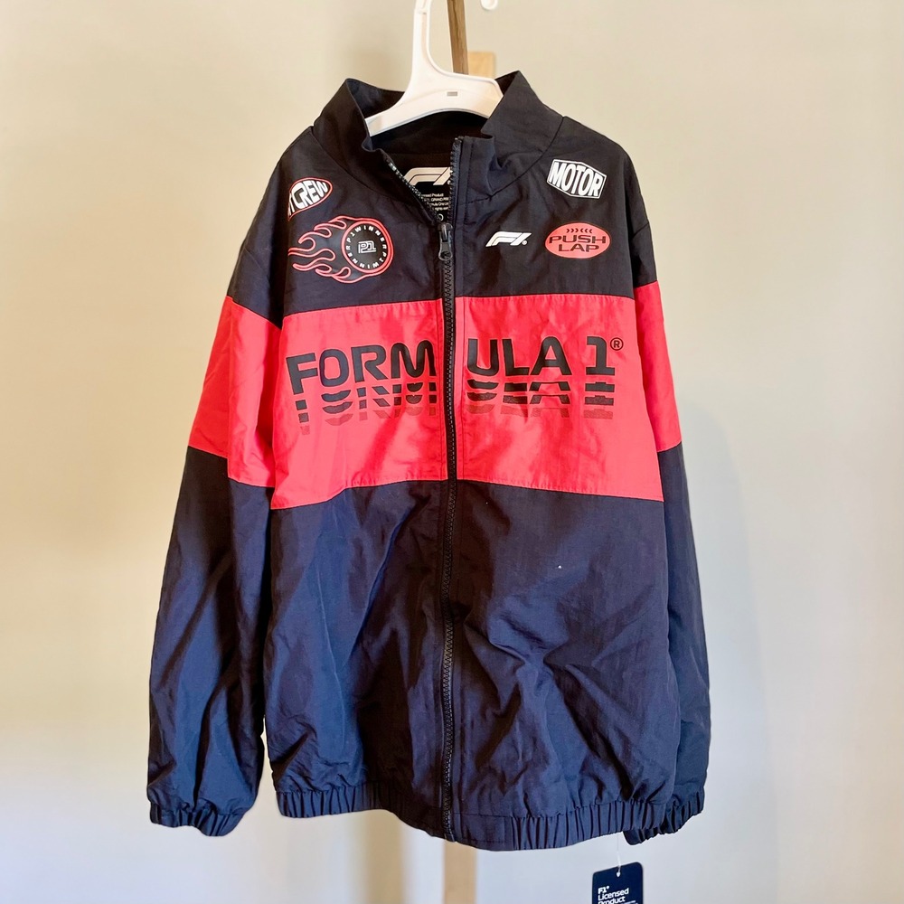Formula 1 Kids Racing Windbreaker Jacket Black Red Full Zip F1 Logo Patches M